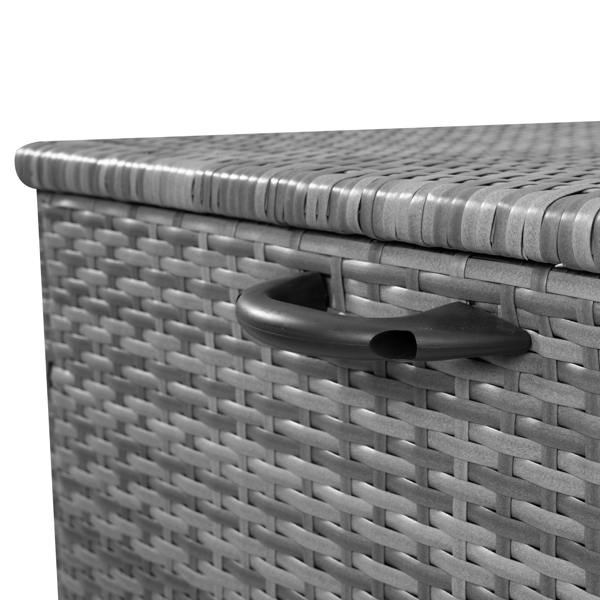 Grey rattan cushion storage box with a textured woven design and a sturdy black handle for easy access and organization