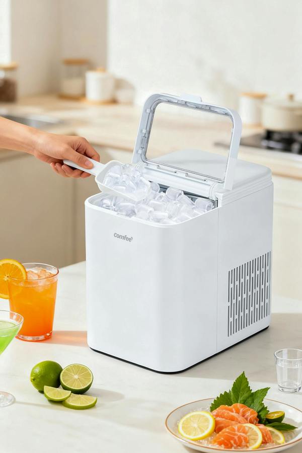 Living and Home Self-Cleaning Ice Maker Machine with 1.3L Water Tank, Ice Scoop & Detachable Basket