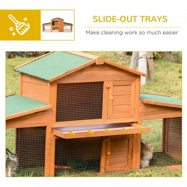 Wooden outdoor rabbit hutch with wire mesh doors and slide-out tray, green roof