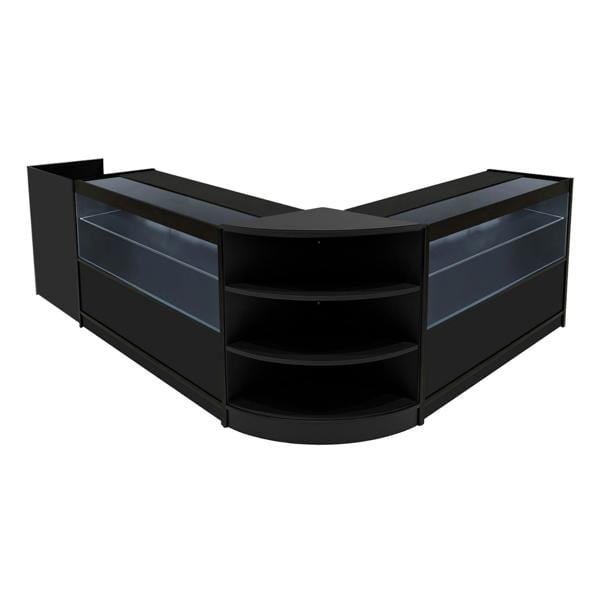 Black Eclipse LED Shop Counter Set featuring sleek glass displays and curved shelves, ideal for retail environments
