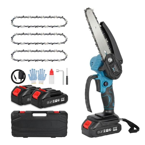 Traderight Mini Chainsaw Cordless 6In and 8In Dual Bar Garden Pruning Black Blue