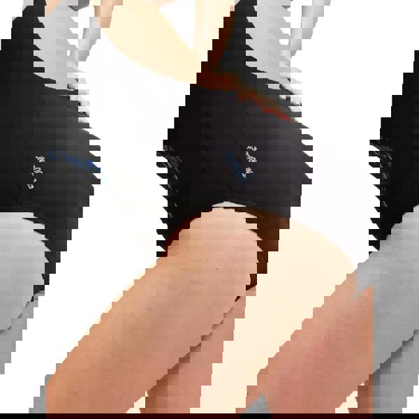 Navy Speedo placement muscleback swimsuit with black high-cut sides and Banana Republic logo