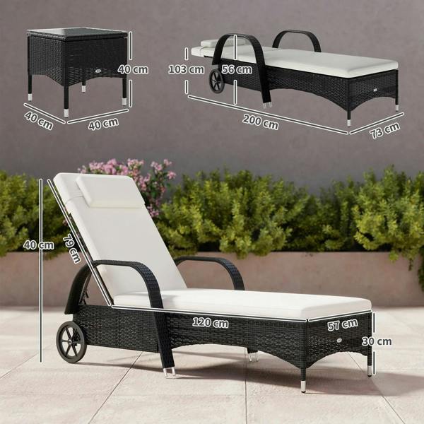 Black rattan sun lounger with white cushion, includes side table