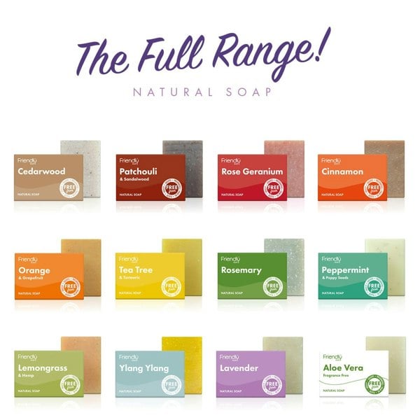 Full range of 12 friendly soap bars with packaging