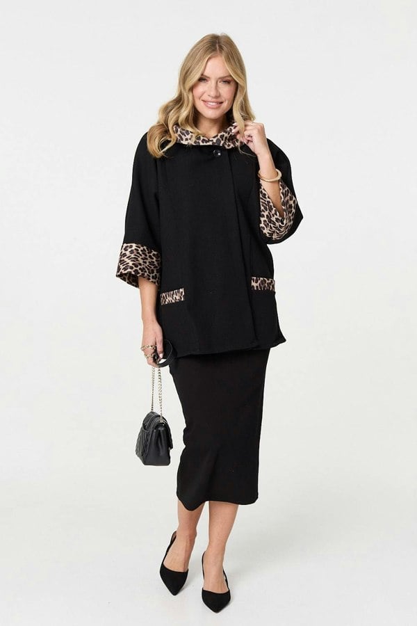 Black | Animal Print Trim 3/4 Sleeve Cape Coat
