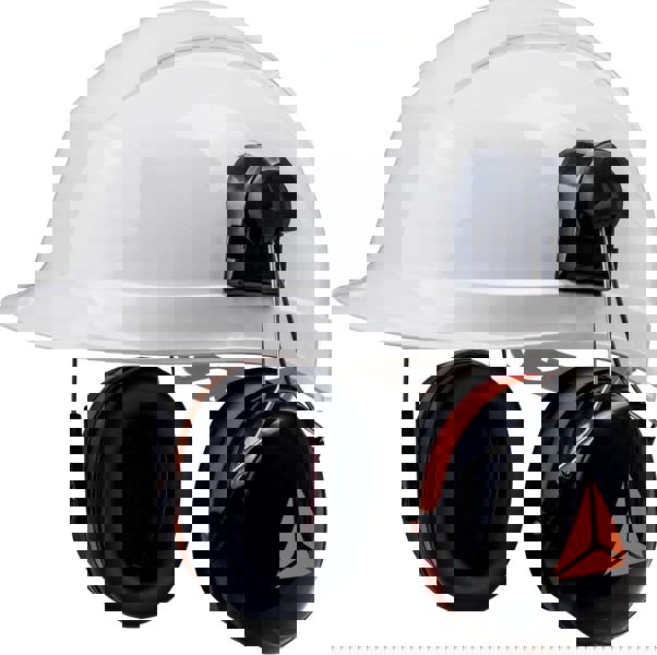Delta Plus Delta-Plus Magny 2 Ear Muff Defender Safety PPE ABS Helmet, white safety helmet with attached earmuffs for hearing protection.