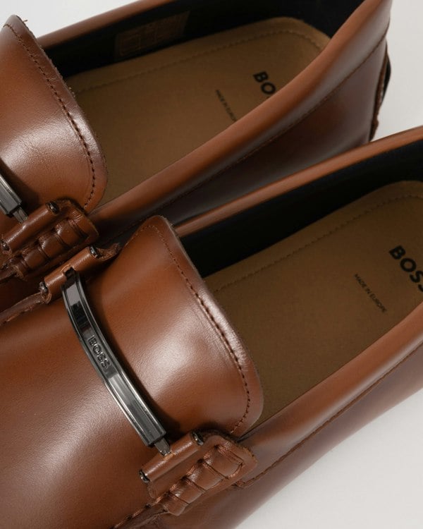 BOSS Orange Noel Mens Leather Loafers with Branded Hardware - Medium Brown 210