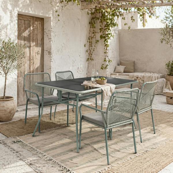 Wyld Haus Rolapa Rattan Rope Grey 4 Seater Outdoor Garden Dining Set With Stackable Chairs