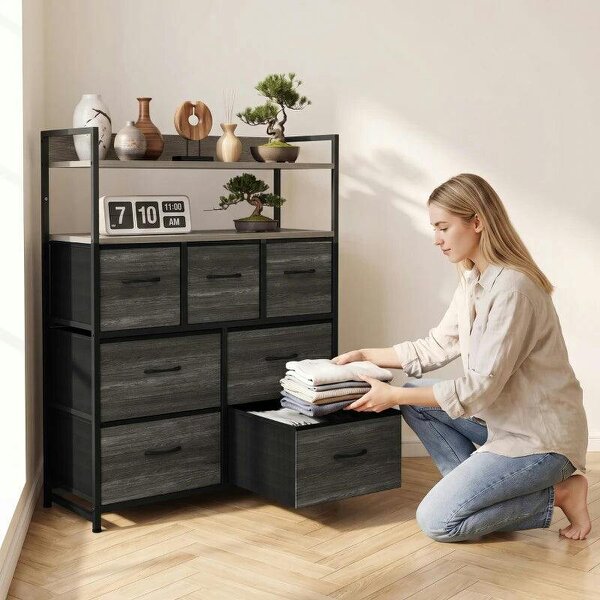 Chest of Drawers, Bedroom Fabric Dresser with 7 Drawers, Storage Organiser Unit with Open Shelves, Grey Wood-Effect
