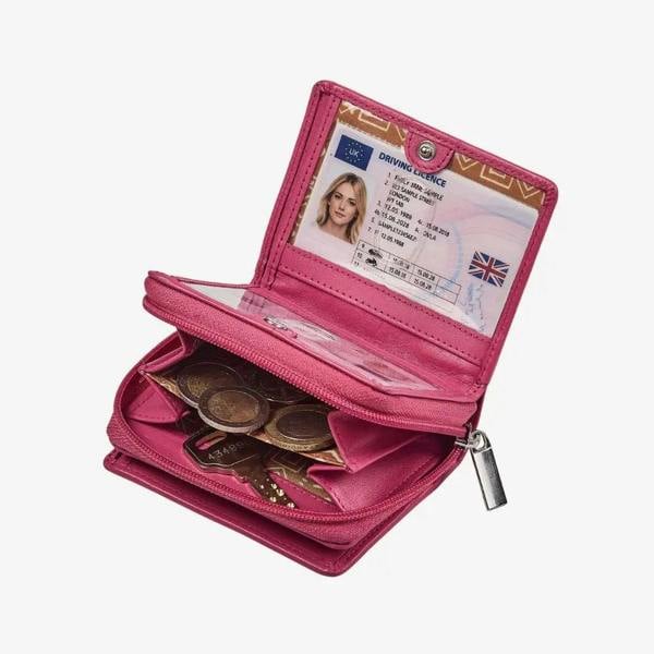 Women's pink leather purse with organised compartments 