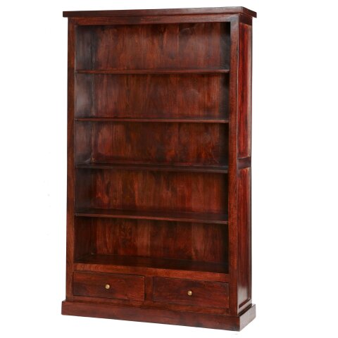 Wyld Haus Oxford Mahogany Mango Wood Bookcase 5 Shelves 2 Drawers