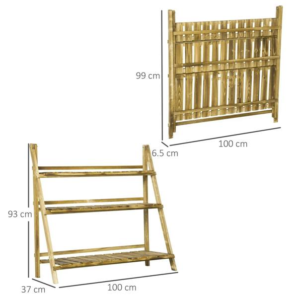 Three-tier wooden planter rack with slatted shelves and ladder legs, size 100x37x93cm.