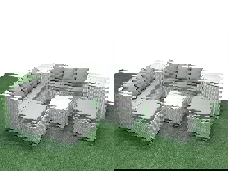 Fimous Rattan Garden Outdoor Furniture Set 8 Seater Rattan Garden Sofa Set with 2 Big Footstools 2 Side Tables Light Grey Mixed