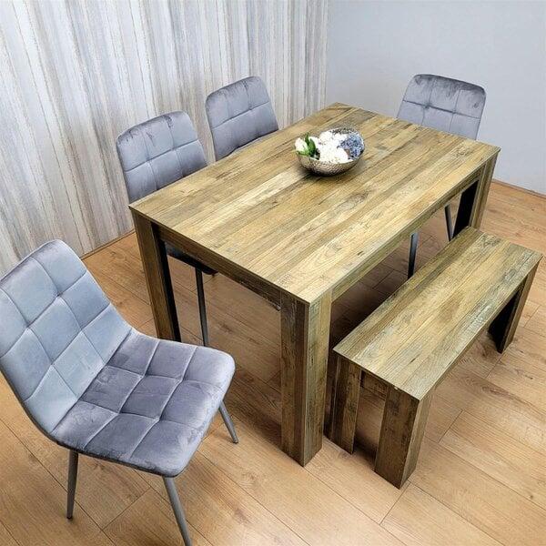 Kosy Koala Wooden Dining Table Set for 6 Rustic Effect Table With 4 Grey Velvet Chairs and 1 Bench