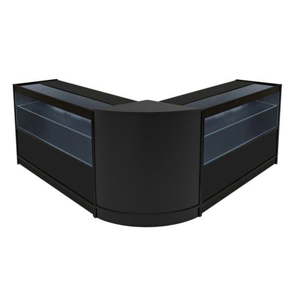 Black Selene LED shop counter set featuring a sleek, modern design with glass display shelves, perfect for retail environments