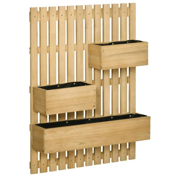 Wall-mounted wooden trellis planter with three rectangular planting boxes and black liners