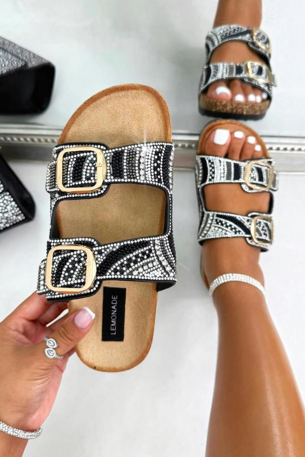 Love Lemonade Sparkly Seaside Luxe Double Buckle Sliders Black