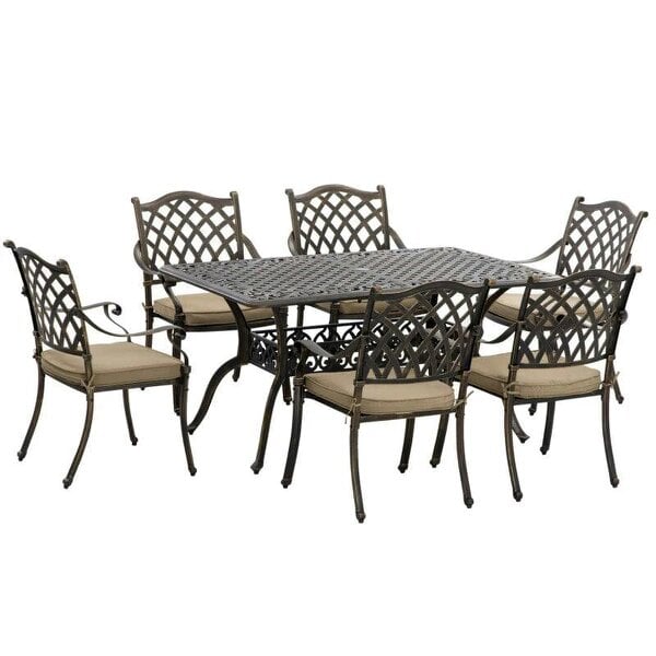 Bobobiy 7 Pieces Garden Dining Set with Parasol Hole, Bronze Tone, 7 PCs