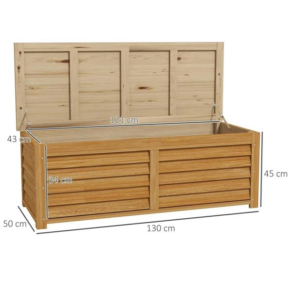 Light brown outdoor storage box with hinged lid open and slatted front panel
