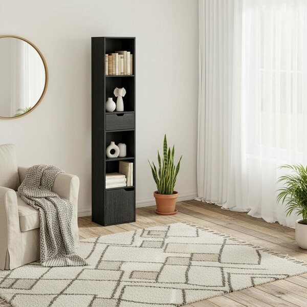 Wyld Haus Nota Wooden Black Tall Narrow 6 Tier Bookcase With Drawer And Door