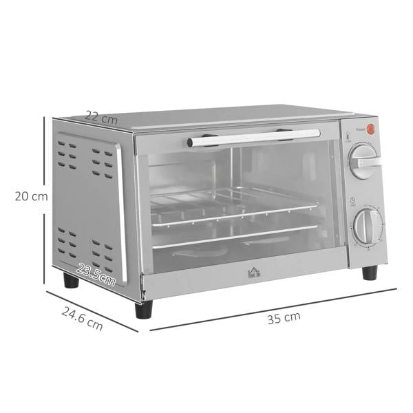 Silver mini oven dimensions view, glass door and right-side control knobs shown.