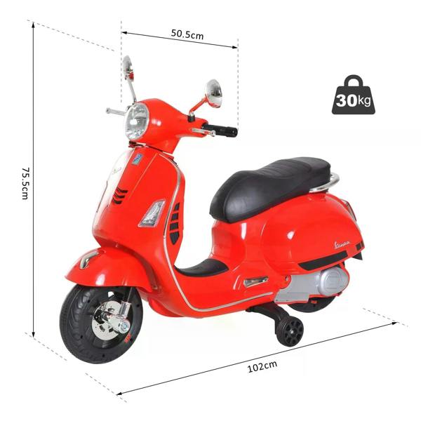 Red 6V kids ride-on motorcycle scooter, side view with black seat and wheels