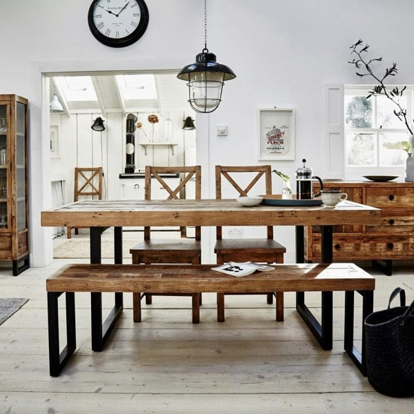 reclaimed dining table with bench and chairs