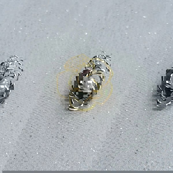 small brooch, gold tone rose brooch with pearl centre and mother of pearl petals, floral pin with crystal detail, elegant accessory for jackets or scarves
