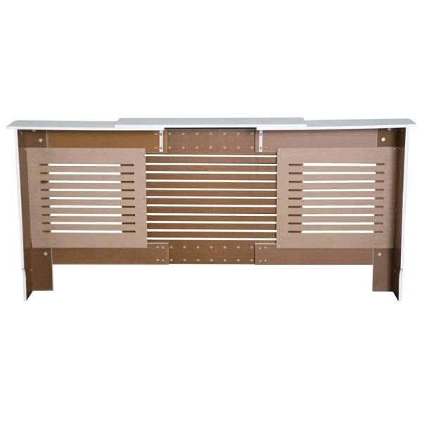 White radiator cover cabinet with open back and vent slats, showing internal frame panels