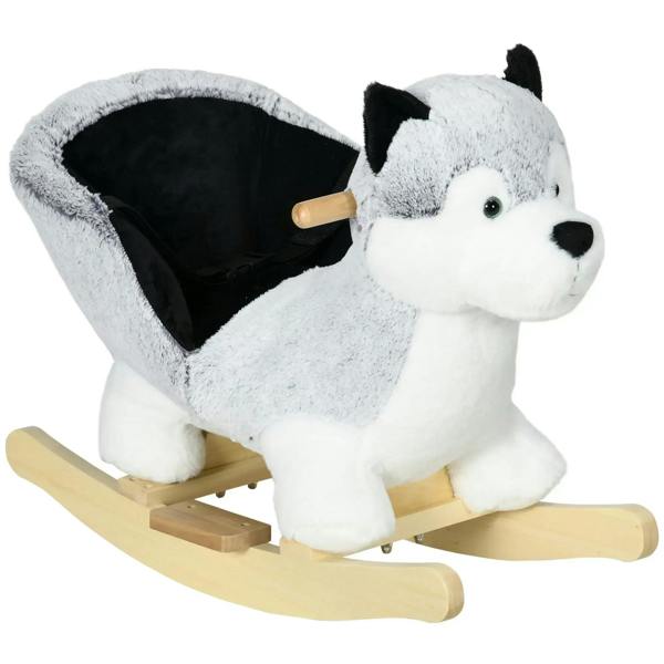 Grey plush husky rocking horse with wooden rockers and black padded seat