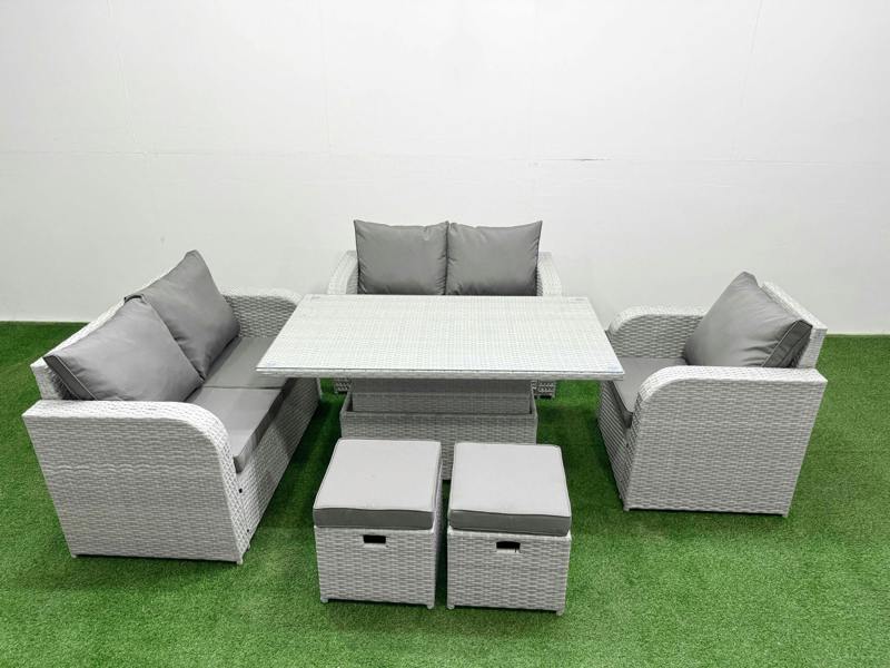 Fimous High Back Poly Rattan Garden Furniture Set, Adj Height Table, Reclining Loveseat, Indoor Outdoor Patio and 2 Stools, Light Grey