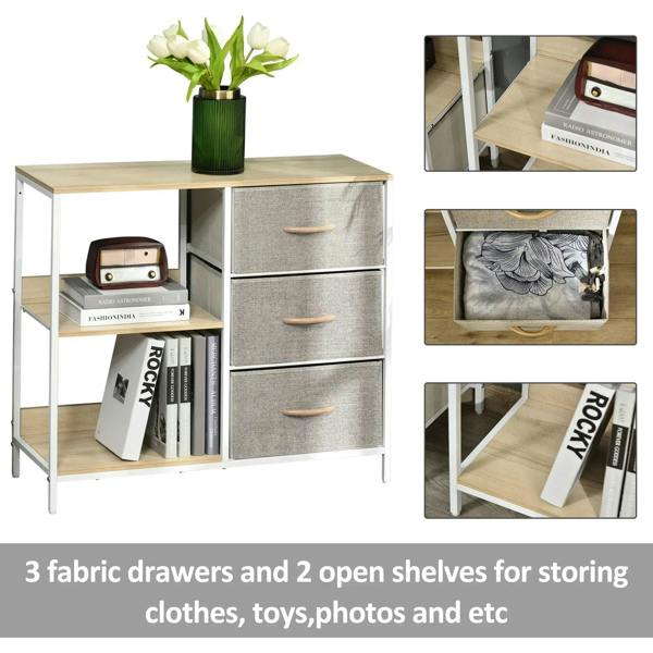Storage dresser cabinet with grey fabric drawers and open shelves, light wood top