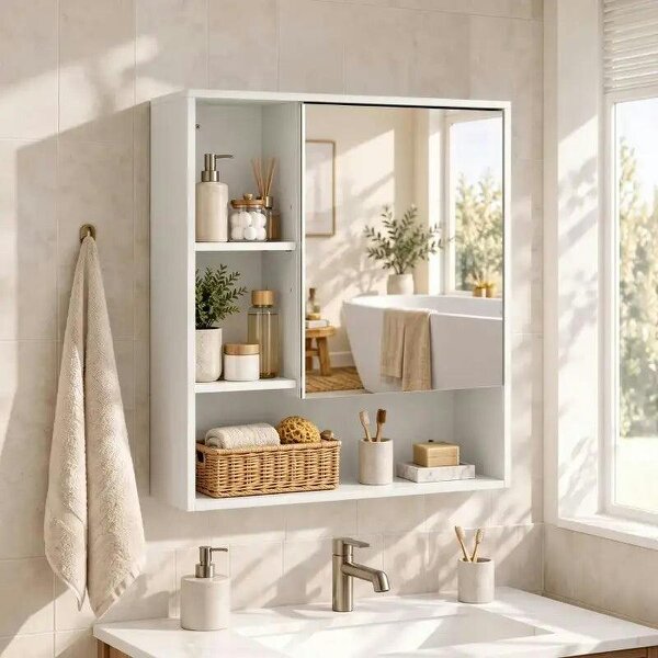 Bathroom Mirror Cabinet, Wall-Mounted Bathroom Cabinet with Mirror Door, Adjustable Shelves, White - White