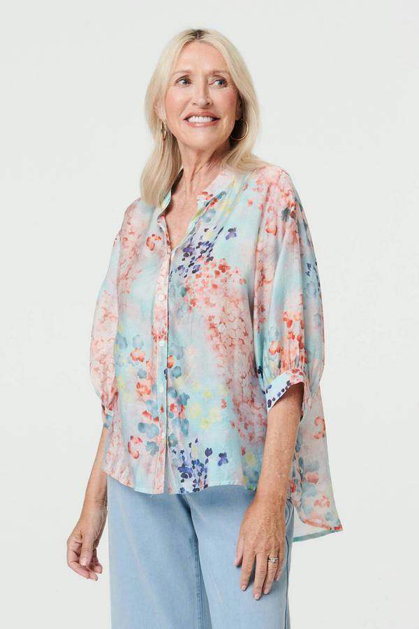 Blue | Floral 3/4 Sleeve Button Front Shirt