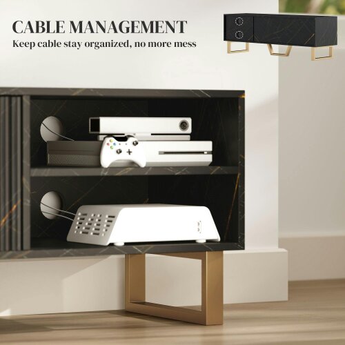 Wyld Haus Baseva 140cm Wooden Black and Gold Marble Effect TV Unit With Fluted Doors For Screens Up To 70 Inches