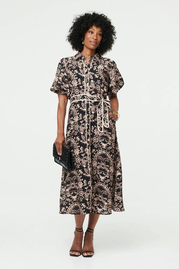 Black | Printed Puff Sleeve Tie Midi Shirt Dress