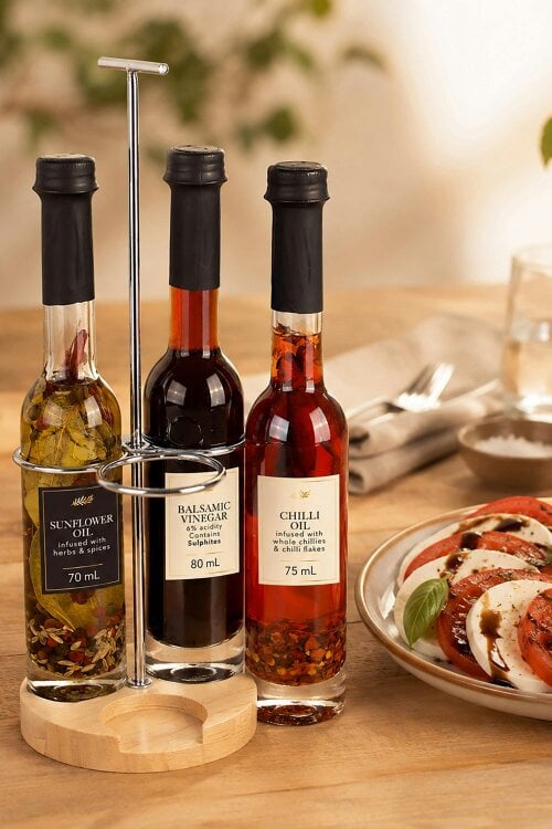 Kimm and Miller Infused Oil and Balsamic Vinegar Trio with Rack