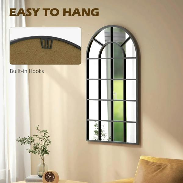 Arched black wall mirror with built-in hooks for easy hanging and secure mounting