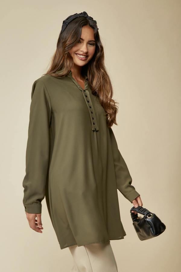 Hoxton Gal Tunic Shirt with Button Details in Khaki