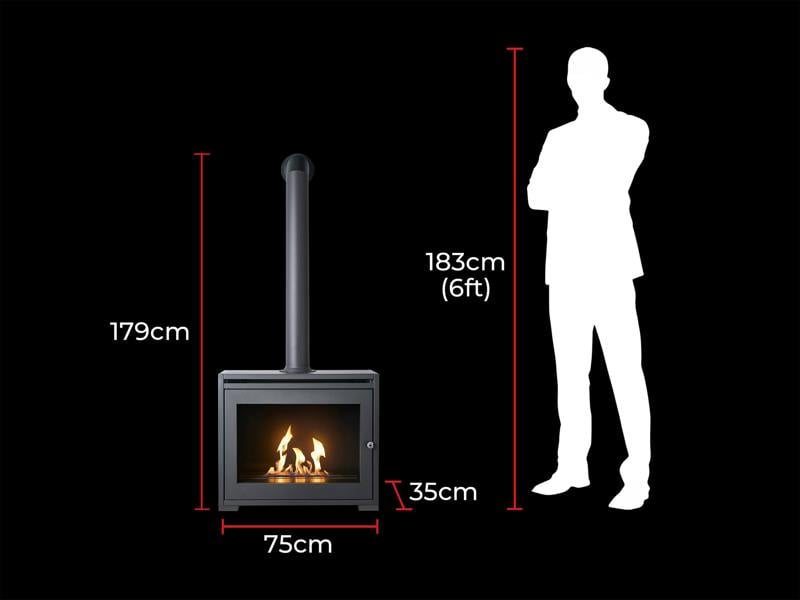 OKO S6 Bio Ethanol Stove in Charcoal Grey with Extra Tall Angled Metal Stove Pipe