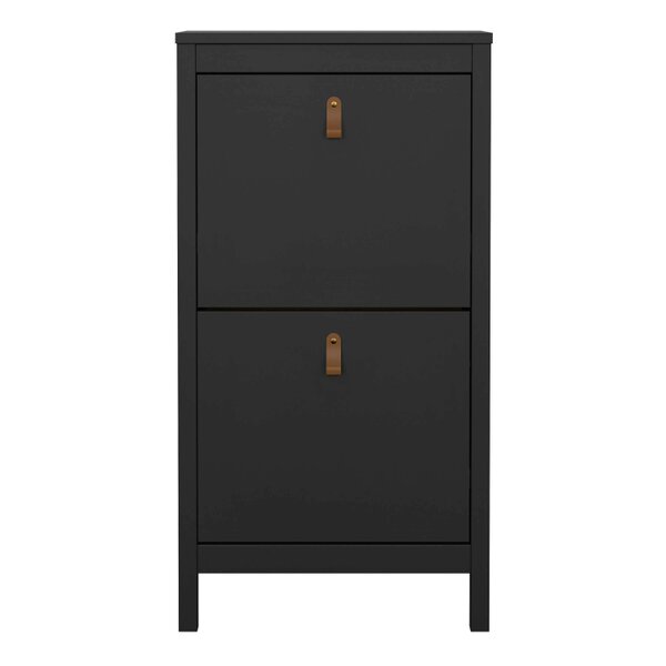 Wyld Haus Wildberry Matt Black Wooden Shoe Cabinet 2 Flip Down Doors Leather Handles