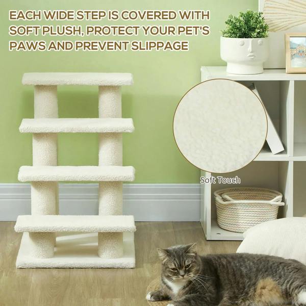 Cream plush 4-step pet stairs with soft, grippy step surfaces for paws