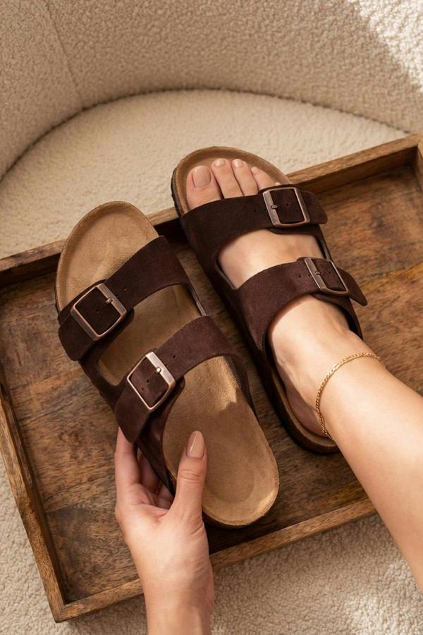 Harper Womens Double Buckle Cork Slide Sandals - BROWN