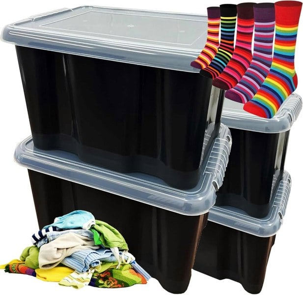 Plastic Storage Boxes Pack of 5 (24 Litre) Black Box With See Through Lids