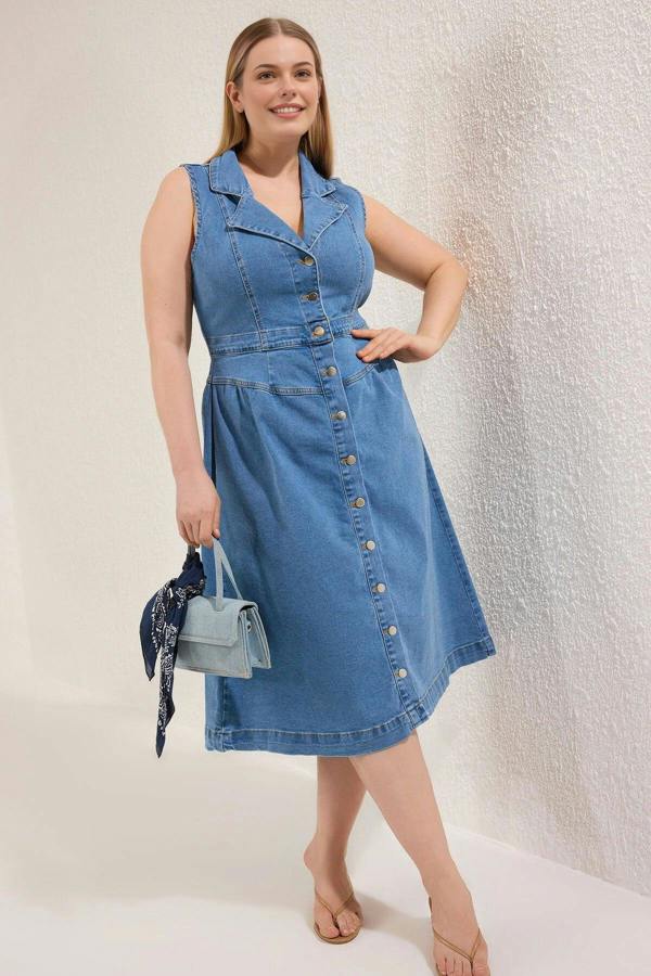WOVCOR Jacket Collar A-line Comfort Denim Plus Size Dress