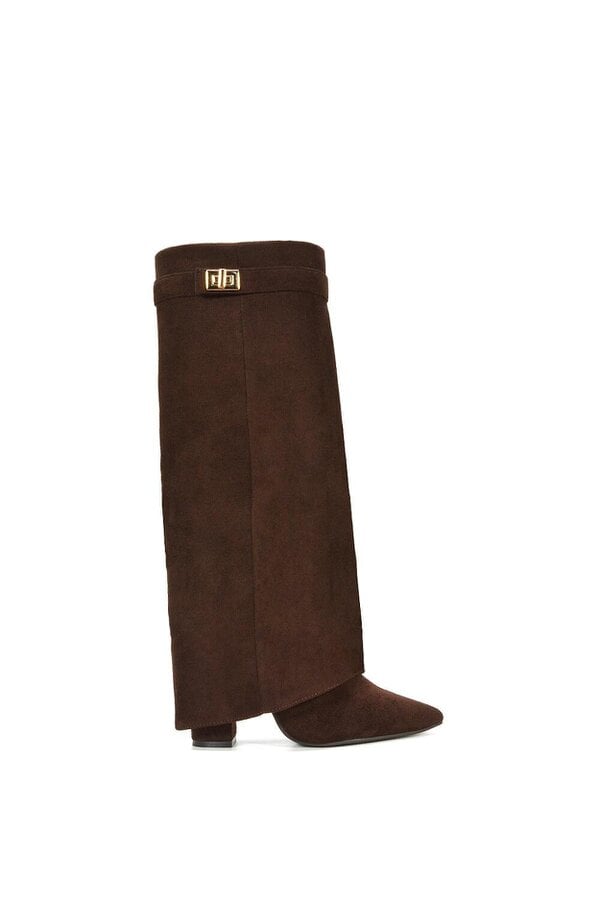 XY LONDON Block Heel Knee High Foldover Boots With Pointed Toe