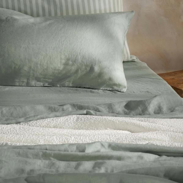 Misty Green French Linen Pillowcases - temperature-regulating, close-up detail 4 | Soak and Sleep