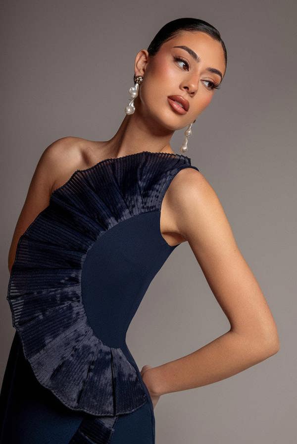 One Shoulder Pleated Fan Midi Dress - Navy Blue DR4872