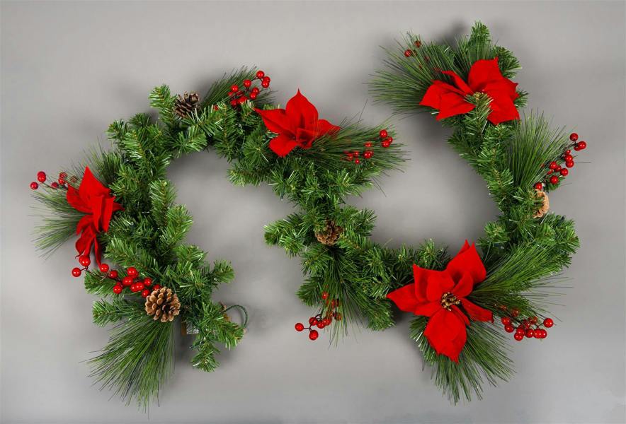 2m Pre Lit Red Poinsettia Garland with 50 Warm White LEDs for Home Display image 4