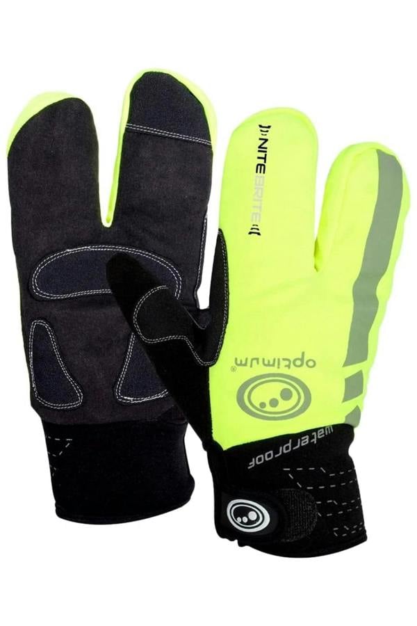 Pair of Optimum NiteBrite lobster cycling gloves, fluro yellow back with reflective strip and black palm, on white - Optimum